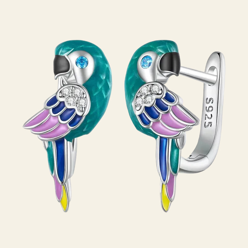 925 Sterling Silver Clolorful Enamel Parrot Ear Buckles Bird Hoop Earrings for Women Platinum Plated Fine Jewelry