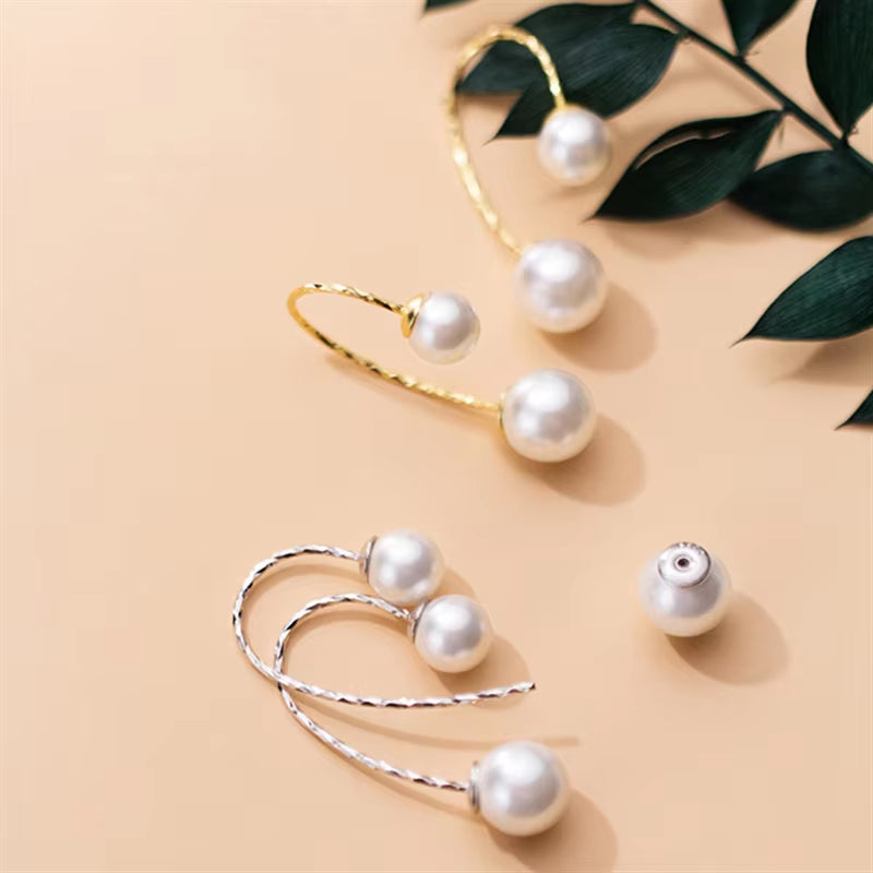 Real 925 Sterling Silver Minimalist Pearl Line Studs Earrings for Women Party Wedding Fine Hoop Jewelry Accessories Gift