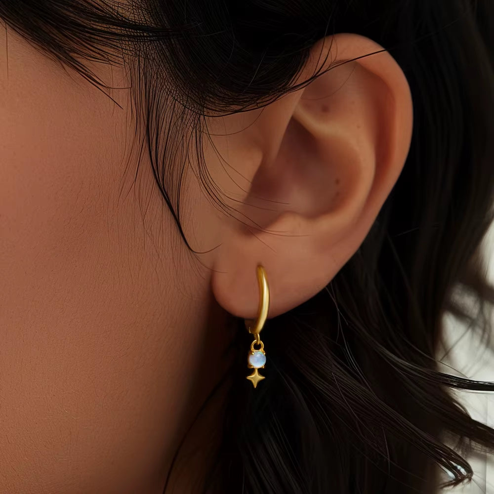 925 Sterling Silver Opal Star Charm Gold Hoop Earrings for Women Elegant Simple Piercing Huggie Bohemian Jewelry Decor Gift