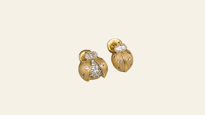925 Silver 18K Gold Brushed Cubic Zirconia Insect Ladybug AB Asymmetric Stud Earrings Women Cute Dainty Trendy Small Earring