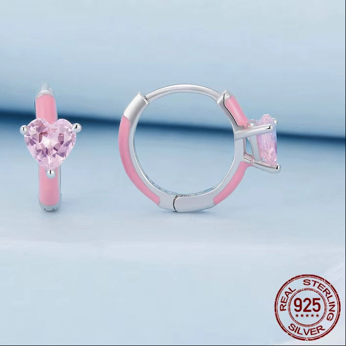 Real 925 Sterling Silver Pink Heart Zircon Hoop Earrings Lovely Cindy Color Oil Printed Ear Clips Earring Girl Party Gift