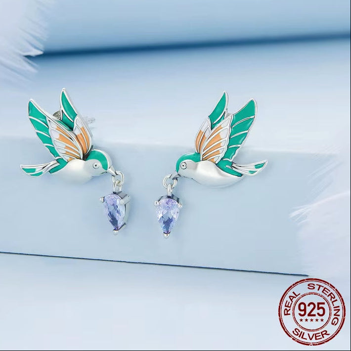 925 Sterling Silver Exqusite Kingfisher Stud Earrings for Women Colored Bird Ear Studs Trendy Gift Fine Jewelry BSE690