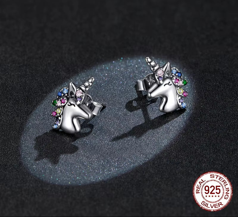 925 Sterling Silver Colorful Horse Stud Earrings Rainbow Animal Unicorn Earrings for Women Fashion Silver Jewelry CTE496