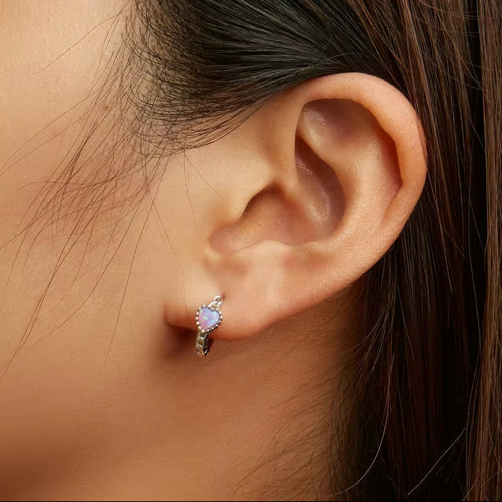 925 Sterling Silver Classical Heart Shape Pink Opal Hoop Earrings Bear Clover Studs Buckles with CZ Wedding Women Jewelry