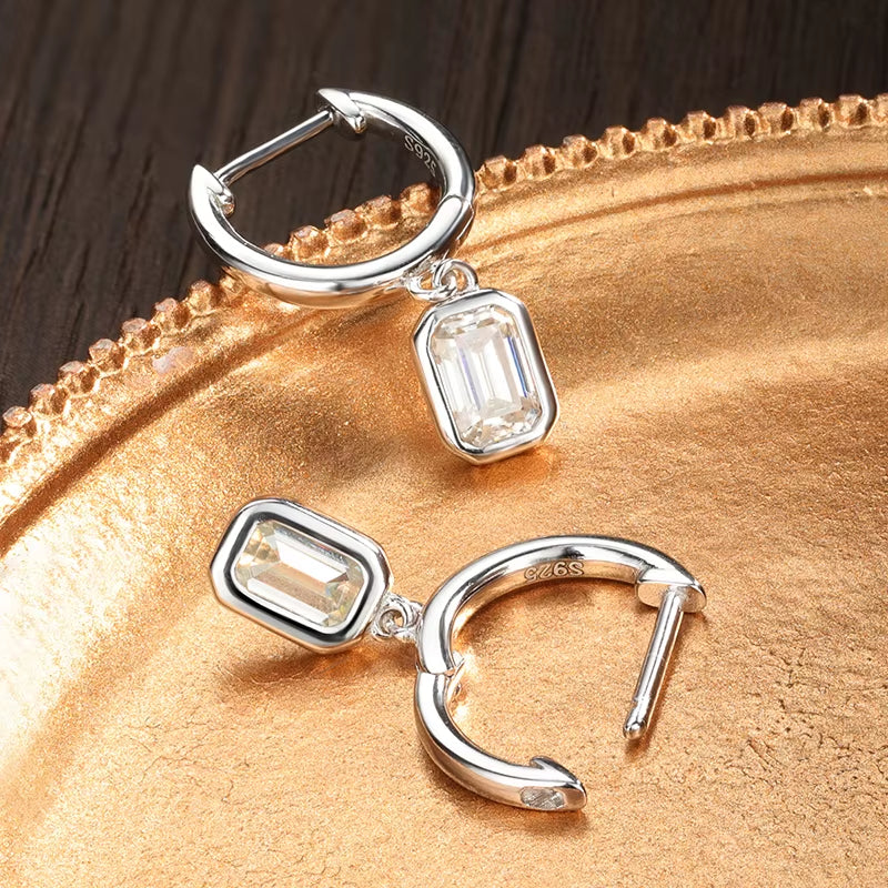 D VVS Emerald Moissanite Drop Earrings for Women GRA Certified Solid 925 Silver Plated 18K White Gold Hoop Drop Earring