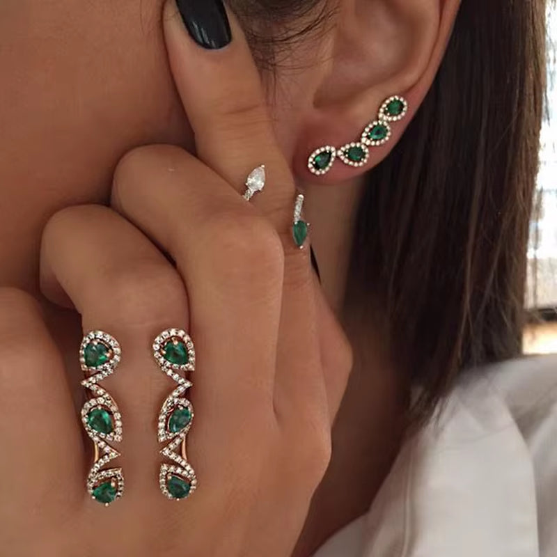 Bling Green Cz Stone Paved Teardrop Cubic Zirconia Long Climber Earrings for Women Romantic Fashion Luxury Women Jewelry