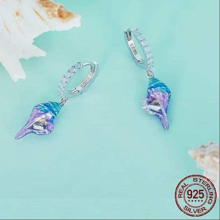 925 Sterling Silver Dreamy Conch Ear Clips 8Mm Ear Buckle with Opal Fine Jewelry for Women Girl Summer Vacation Party Gift