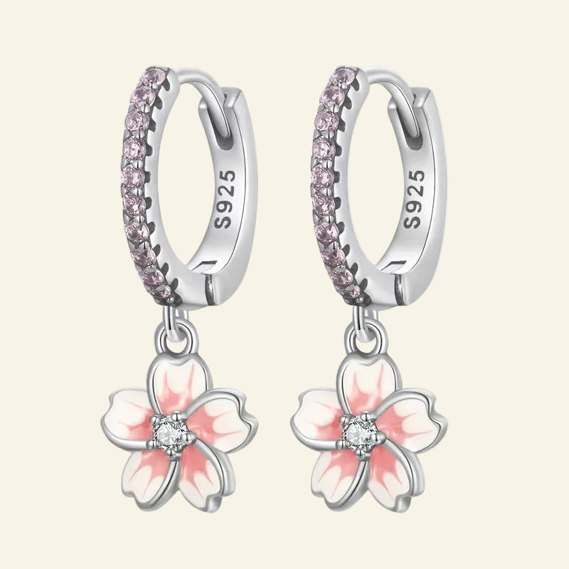 Vintage Flower Crystal Hoop Earrings Women 925 Sterling Silve Pink Cherry Blossoms Drop Earring Wedding Statement Earrings