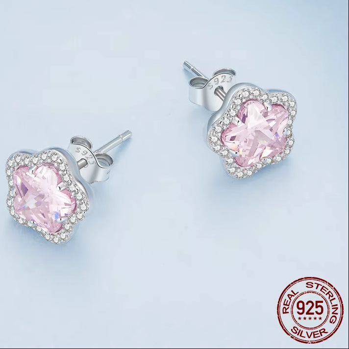 925 Sterling Silver Cute Small Flower Stud Earrings Pink Cherry Blossoms Earrings for Women Birthday Jewelry Gift