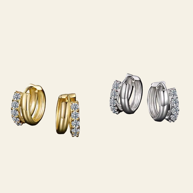 Double-Layer Moissanite Huggies Earrings for Women , 925 Sterling Silver 18K Gold Diamond Cut Sparkling Circle Earrings
