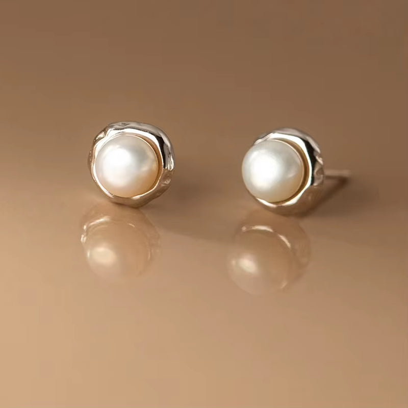 Real 925 Sterling Silver round Pearl Stud Earrings for Fashion Women Classic Fine Jewelry Minimalist Geometric Bijoux