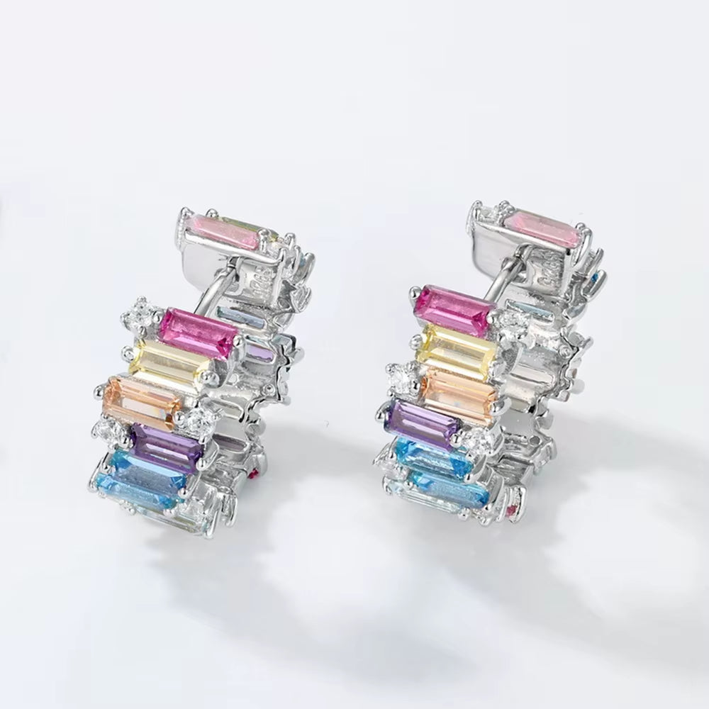 Real 925 Sterling Silver Colorful Lab Sapphire High Carbon Diamond Gemstone Hoop Earrings Fine Jewelry Gifts Wholesale