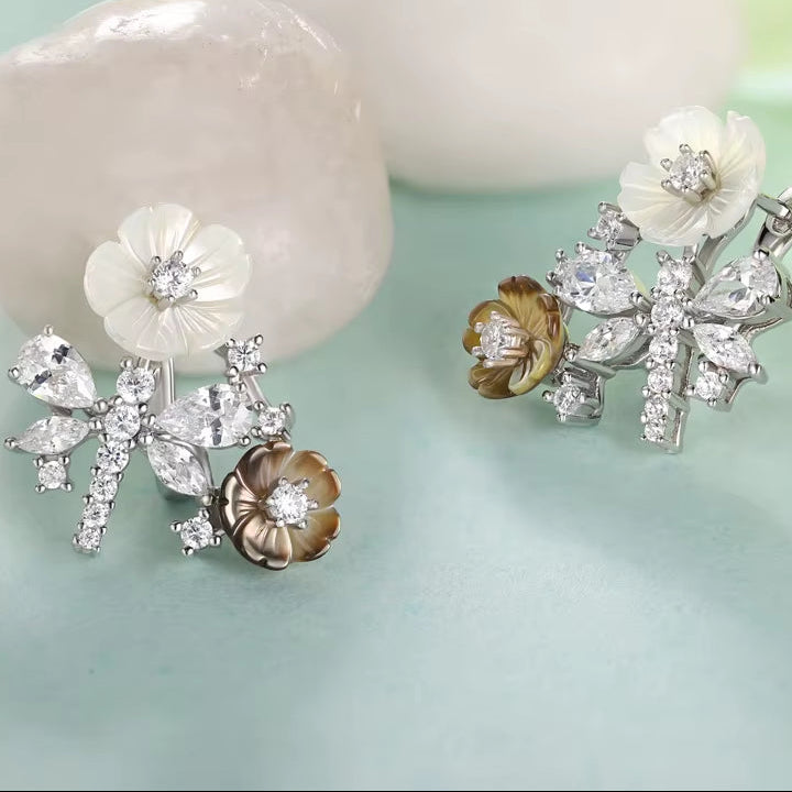 Laya 925 Sterling Silver Summer Hot Style High Quality Zircon Natural Shell Flower Dragonfly Earrings for Women Luxury Jewelry