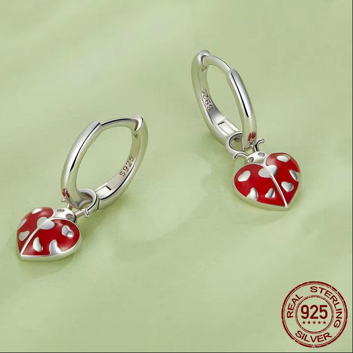 Real Sterling Silver Ladybird Drop Dangle Earrings for Women Red Oil Enamel Insects Ear Hoop Earring Party Jewelry Gift