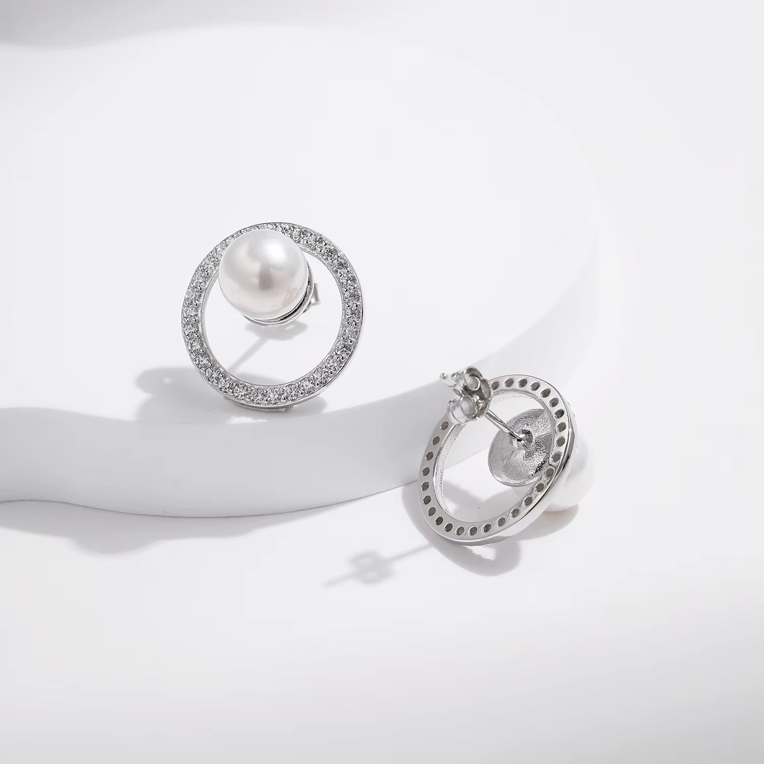 925 Sterling Silver Circle Crystal Pearl Dazzling Stud Earrings Luxury Hollow Fine Jewelry for Women Anniversary Gifts