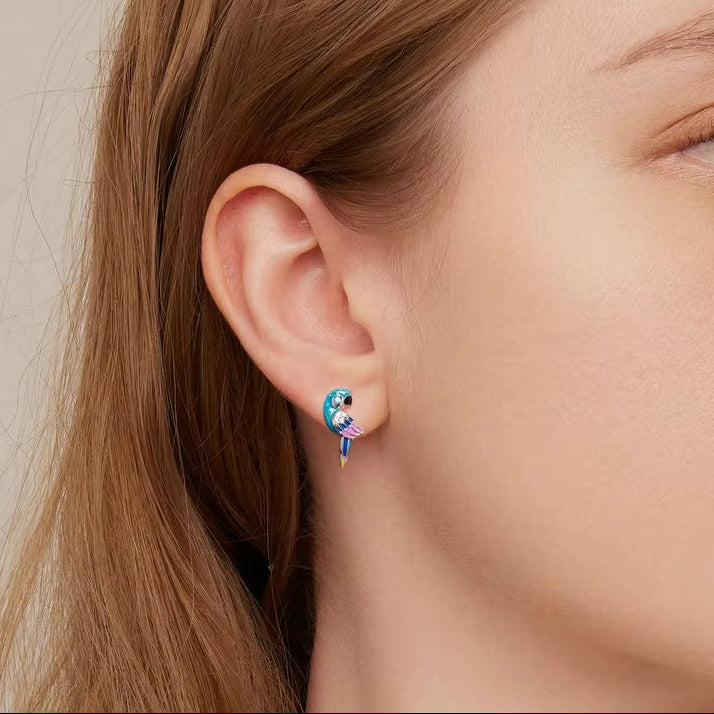 925 Sterling Silver Clolorful Enamel Parrot Ear Buckles Bird Hoop Earrings for Women Platinum Plated Fine Jewelry