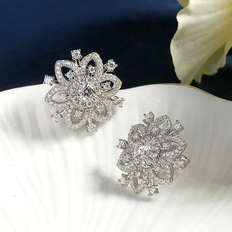 Full Moissanite Snowflake Earrings Studs 925 Real Silver Classic Flower Design Plated 18K Sparkling Women'S Luxury Jewelry