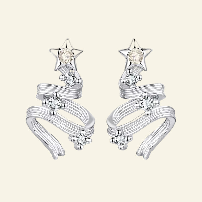 Solid 925 Silver Christmas Tree Star Stud Earrings for Women, AAA Cubic Zirconia Bar Studs Luxury New Year Jewelry Gift