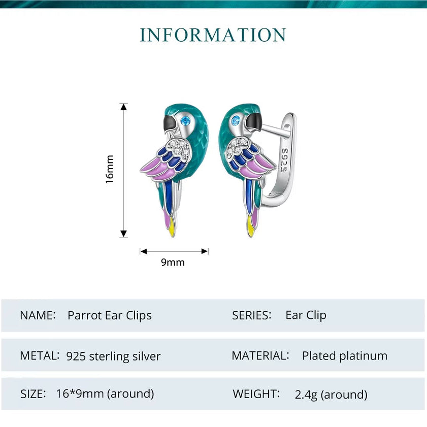 925 Sterling Silver Clolorful Enamel Parrot Ear Buckles Bird Hoop Earrings for Women Platinum Plated Fine Jewelry