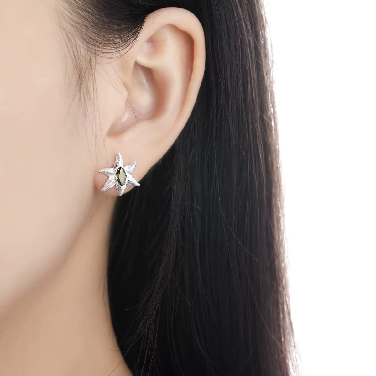SHANICE S925 Sterling Silver Olivine Inlaid Starfish Earrings for Women, Cool and Elegant Silver Ear Jewelry