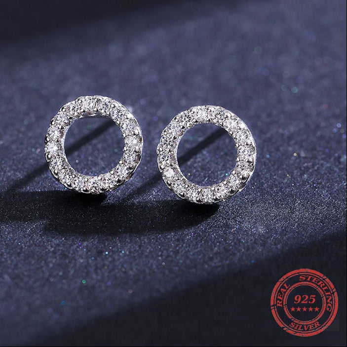 Real 925 Sterling Silver Simple round Stud Earrings for Women Shining CZ Geometric Hypoallergenic Jewelry Gifts for Kids