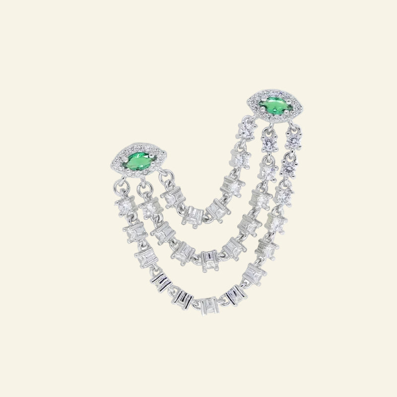 Double Piercing CZ Tassel Chain Earring for Women Fashion Green Evil Eye Two Stud Elegant Female Jewelry