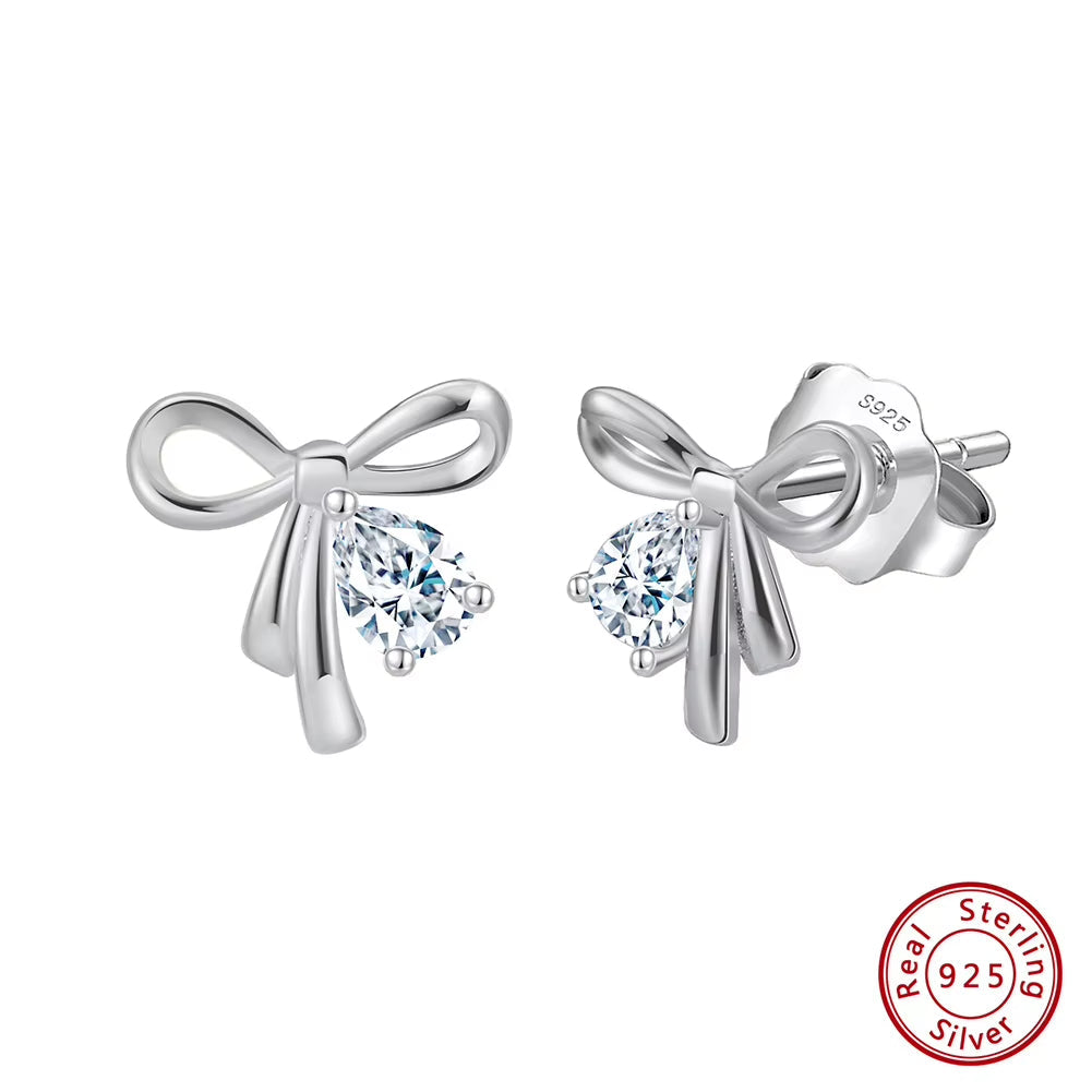 925 Silver Romantic Bowknot Stud Earring with Shiny Zircon Pendant for Women Girls Banquet Party Gift Jewelry SE409