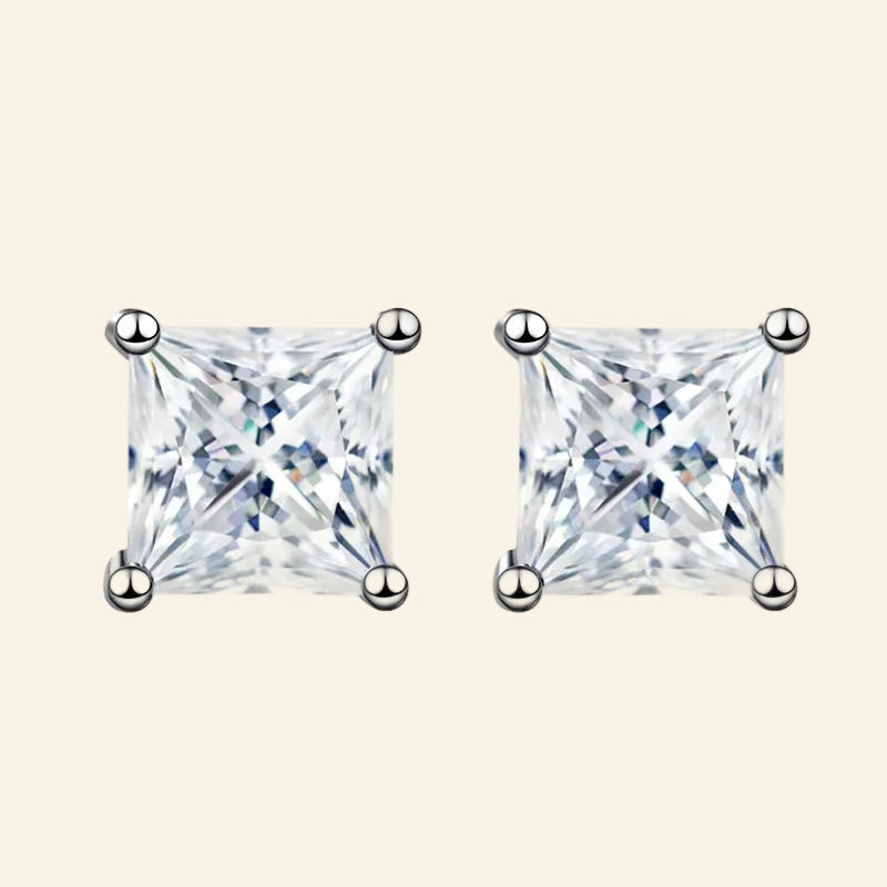 1Ct 2Ct Princess Cut Moissanite Earrings S925 Sterling Silver Plated with White Gold Plated Ear Studs for Women Jewelry