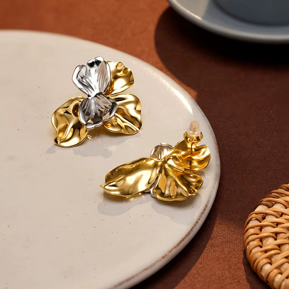 Aretes De Mujer Two Tone Flower Stud Earrings for Women'S Stainless Steel 18K Gold Plated Fashion Dating E251745