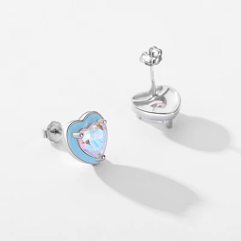 925 Sterling Silver Romantic Blue Enamel Hearts Ear Studs Rainbow Color Zirconia Stud Earrings for Women Wedding Jewelry