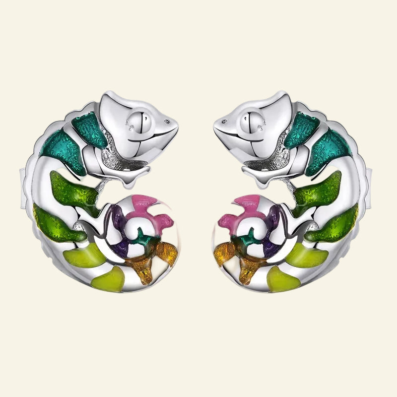 925 Sterling Silver Chameleon Set Enamel Process Earrings Open Ring Plated Platinum for Women Party Fine Jewelry Gift