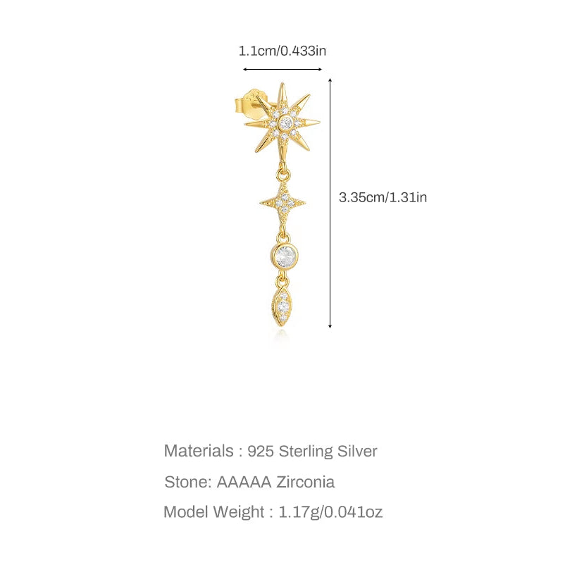 Single 1PC Drop Earrings for Women 925 Sterling Silver Starburst North-Star Zircon Light Luxury Earring for Girl Fine Jewel