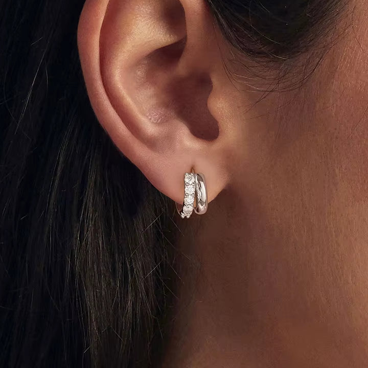 Double-Layer Moissanite Huggies Earrings for Women , 925 Sterling Silver 18K Gold Diamond Cut Sparkling Circle Earrings