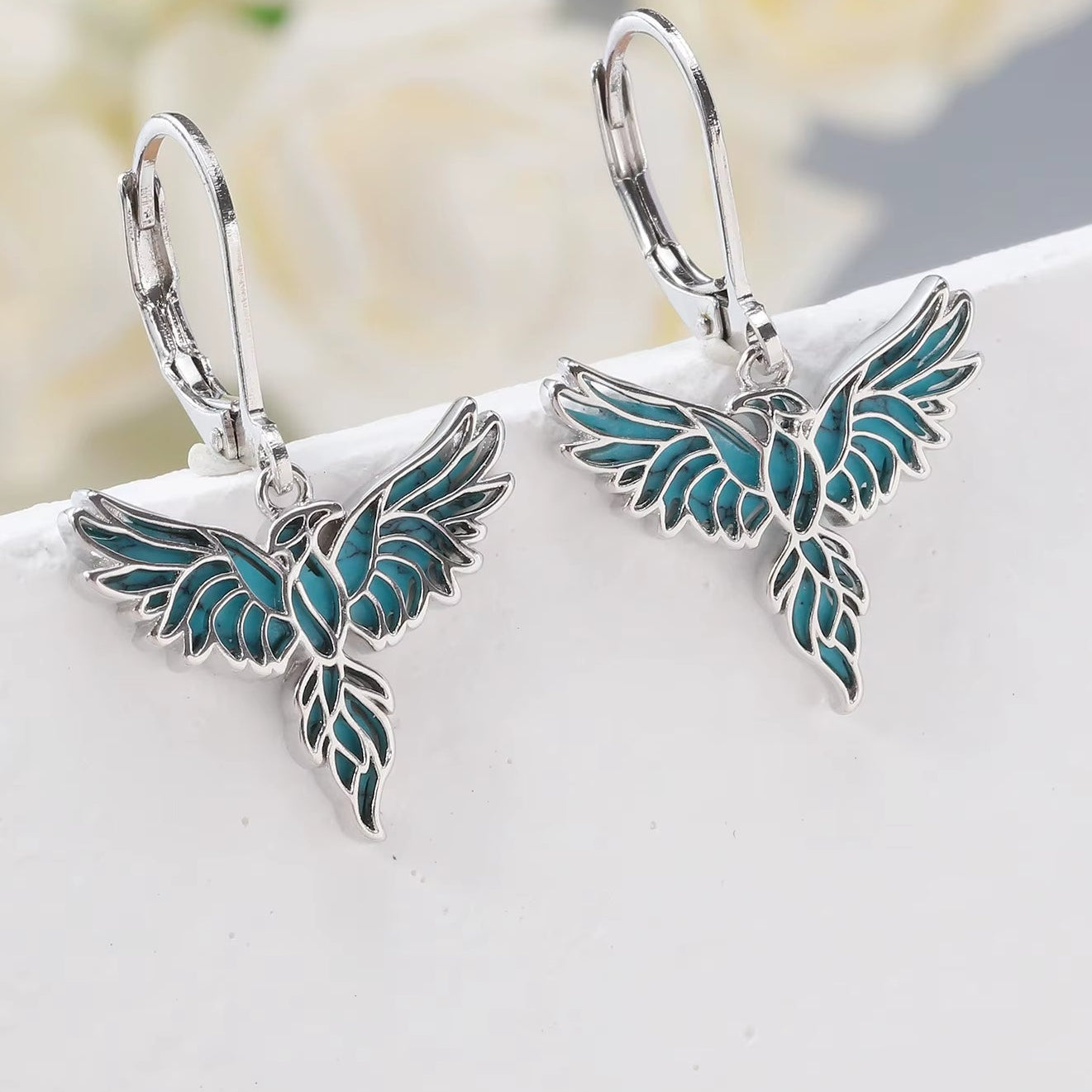 Turquoise Dangle Drop Earrings Silver Plated Fashion Blue Flying Bird Shaped Earring for Women Jewelry Gifts Animal Theme