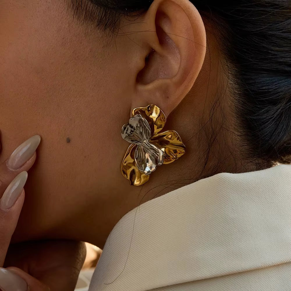Aretes De Mujer Two Tone Flower Stud Earrings for Women'S Stainless Steel 18K Gold Plated Fashion Dating E251745