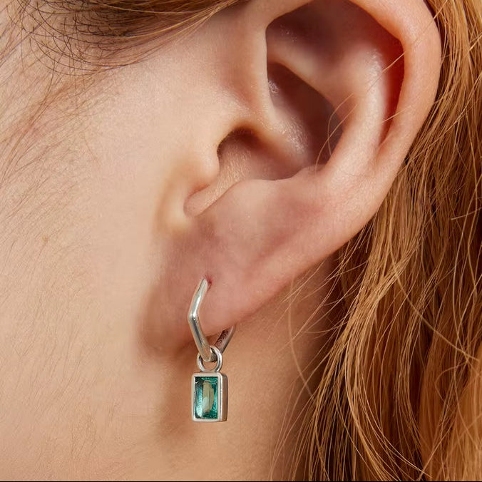 Solid 925 Sterling Silver Long Green Crystal Dangle Drop Earrings European Irregular Hoop Earring for Women Party Jewelry