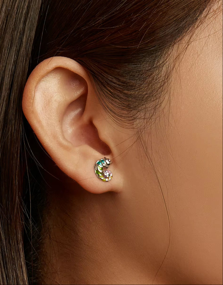 925 Sterling Silver Chameleon Set Enamel Process Earrings Open Ring Plated Platinum for Women Party Fine Jewelry Gift