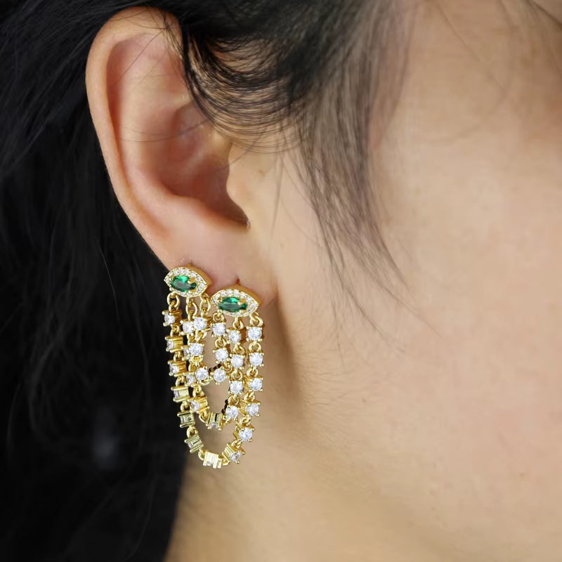 Double Piercing CZ Tassel Chain Earring for Women Fashion Green Evil Eye Two Stud Elegant Female Jewelry