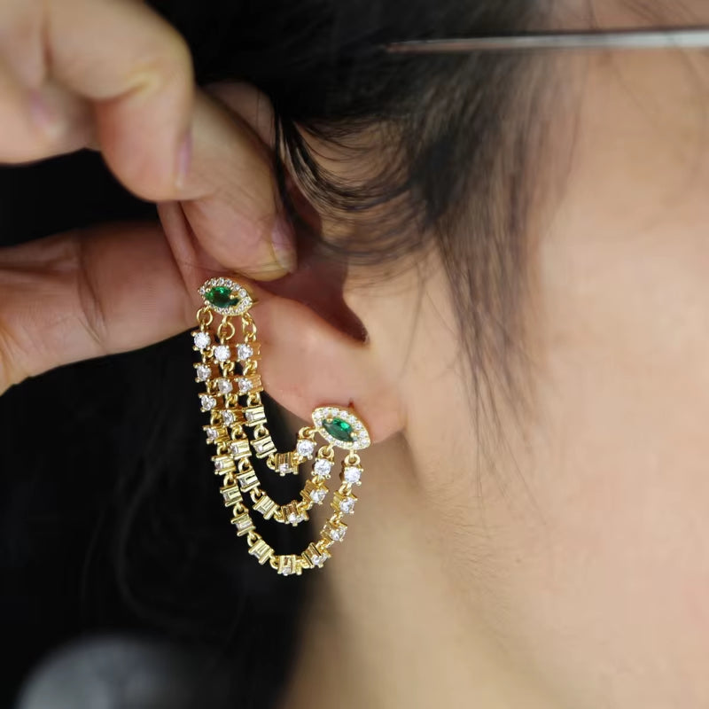 Double Piercing CZ Tassel Chain Earring for Women Fashion Green Evil Eye Two Stud Elegant Female Jewelry