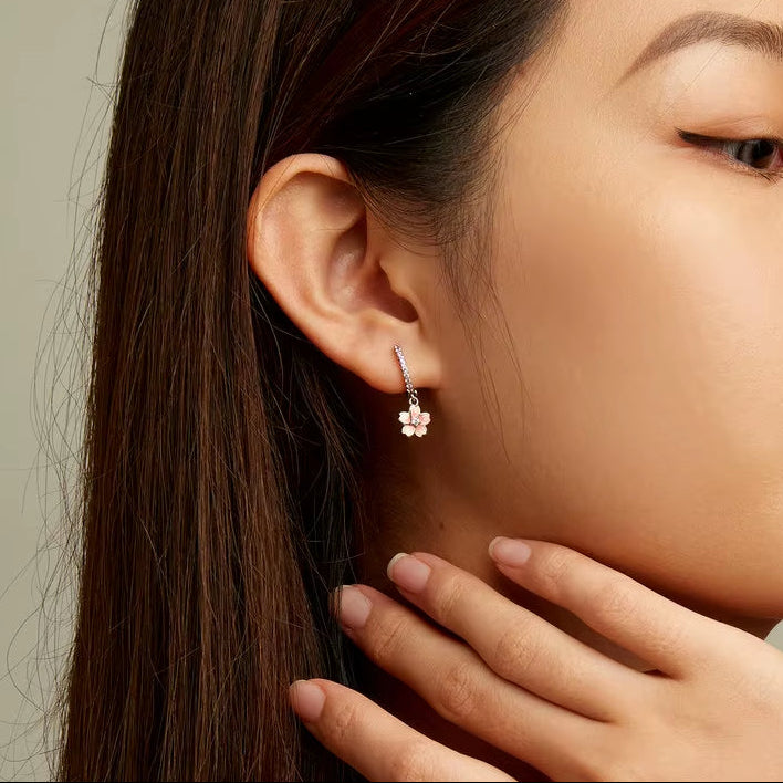 Vintage Flower Crystal Hoop Earrings Women 925 Sterling Silve Pink Cherry Blossoms Drop Earring Wedding Statement Earrings
