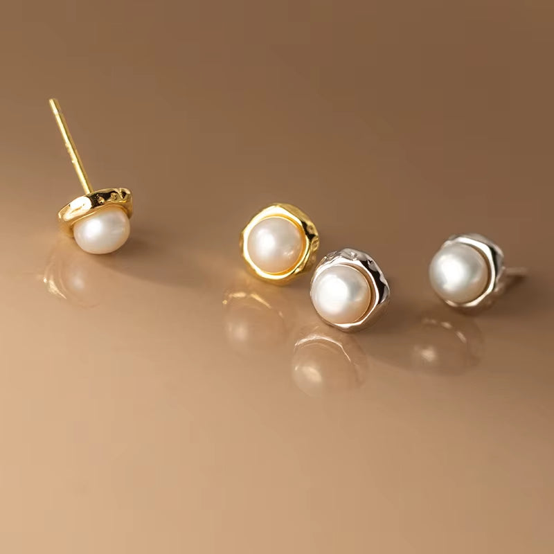Real 925 Sterling Silver round Pearl Stud Earrings for Fashion Women Classic Fine Jewelry Minimalist Geometric Bijoux
