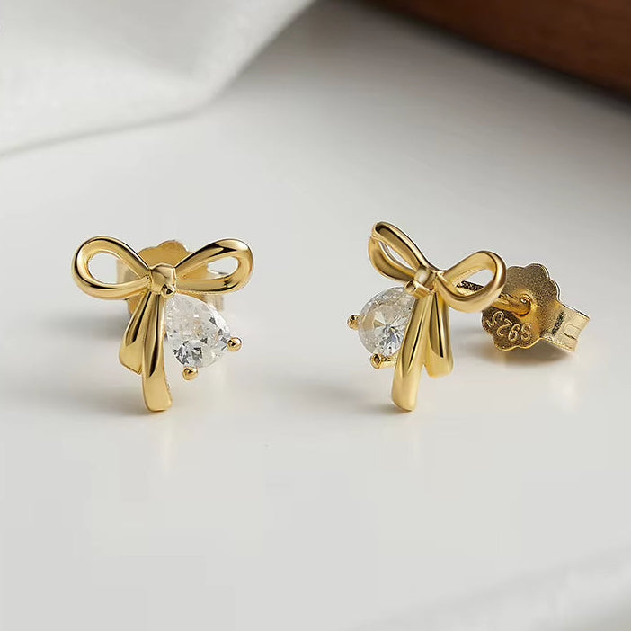 925 Silver Romantic Bowknot Stud Earring with Shiny Zircon Pendant for Women Girls Banquet Party Gift Jewelry SE409