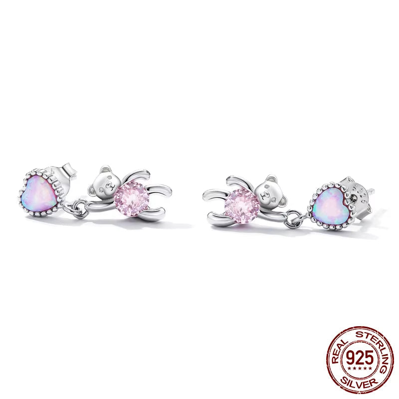 925 Sterling Silver Love Bear Stud Earrings for Women Cute Pink Pendant Drop Earrings for Girl Shining Heart Fine Jewelry