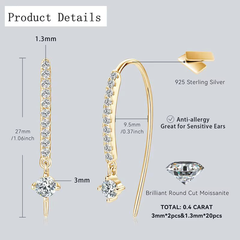 VVS1 round Moissanite U-Shaped Stud Earrings for Women Girls 925 Sterling Silver Earring Pendientes Fine Jewelry Gifts