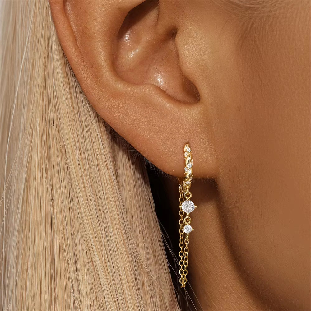 New Trendy Long Chain round Earrings for Women Jewelry 925 Sterling Silver anti Allergy Tassel Huggie Hoop Ear Gift to Her