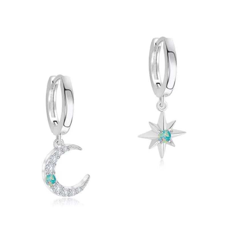 Star Moon Pendant Zircon Opal 925 Sterling Silver Gold Color Piercing round Drop Earrings for Women Fine Jewelry Gifts