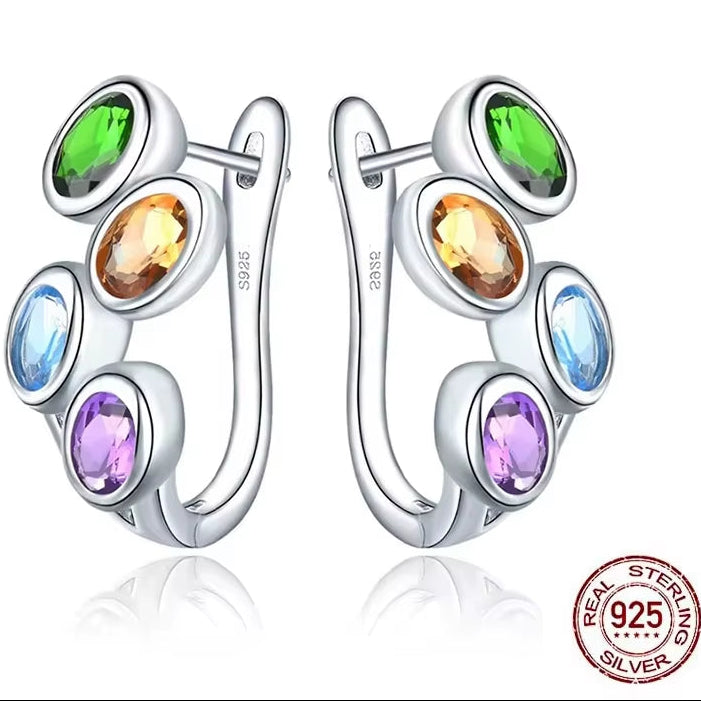 Hutang Colorful Gemstone Hoop Earrings 925 Sterling Silver Blue Zircon Topaz English Lock Jewelry for Women Earrings