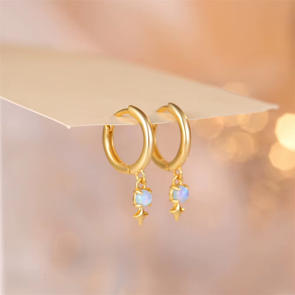 925 Sterling Silver Opal Star Charm Gold Hoop Earrings for Women Elegant Simple Piercing Huggie Bohemian Jewelry Decor Gift