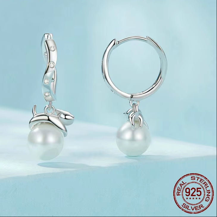 Original 925 Sterling Silver Kitty Pearl Ear Buckles Ear Hoop with Quality Shell Pearl Fine Jewelry for Women Party Gift