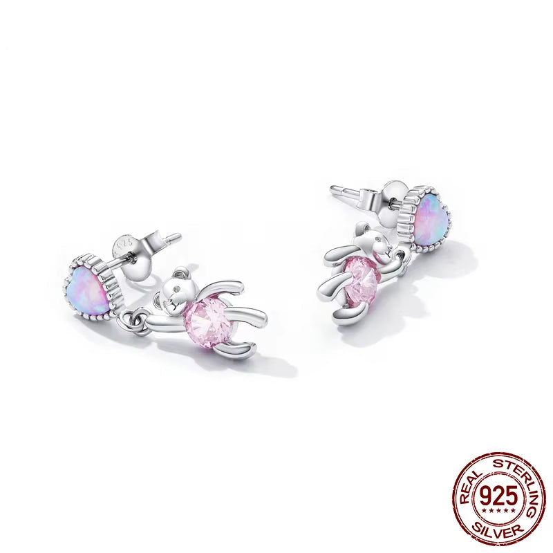 925 Sterling Silver Love Bear Stud Earrings for Women Cute Pink Pendant Drop Earrings for Girl Shining Heart Fine Jewelry